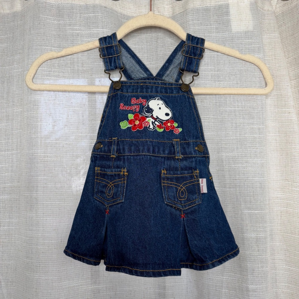 Vintage Baby Snoopy Denim Overall Dress Embroidered Floral Pleated 6/9 Months